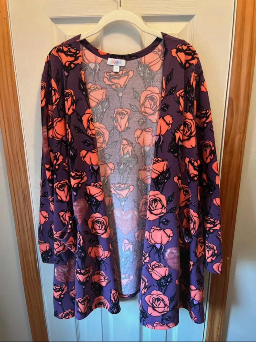 Lularoe Open Front Caroline Cardigan with Purple background and Coral Rose Print